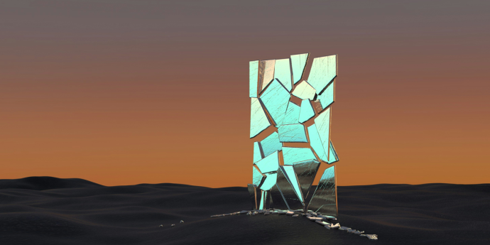 A broken rectangular upright mirror with neon blue light reflecting, infront of desert landscape with the light fading